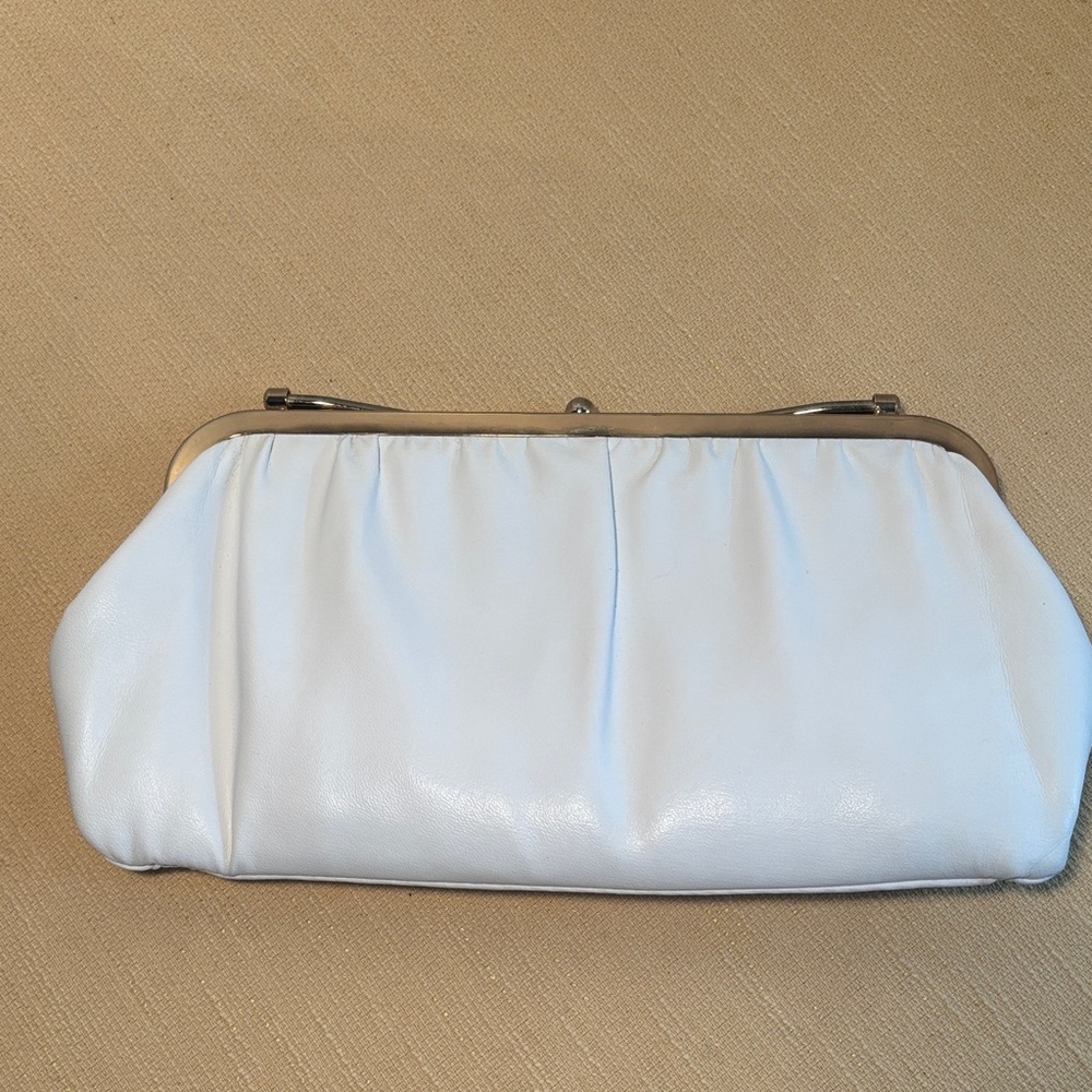 Vintage Reversible Navy Blue & White Leather Clutch Bag Gold Tone Closure
